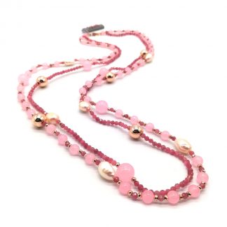 Collana in argento rosè Perle di acqua dolce e Quarzo Rosa multifilo Kikilia Fashion