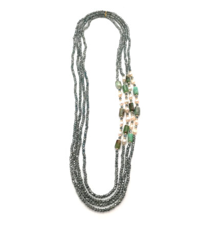 collana multifilo in peridoto perle e cristalli