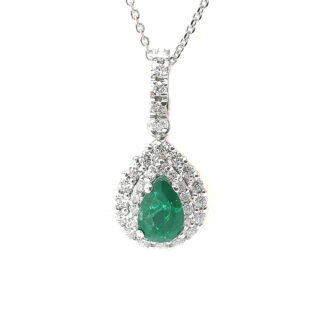 collana donna in oro bianco con pendente goccia con smeraldo e diamanti pg gioielli