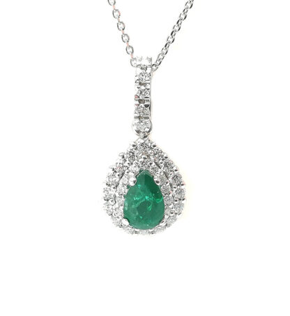 collana donna in oro bianco con pendente goccia con smeraldo e diamanti pg gioielli