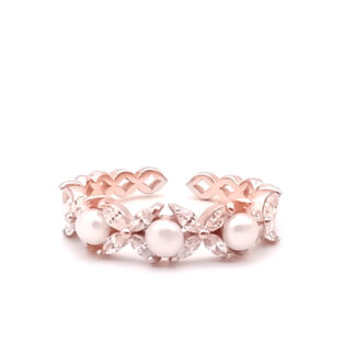 anello veretta in argento rosè con perle e zirconi fiori
