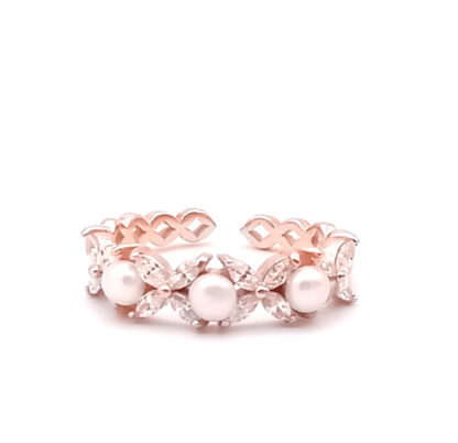 anello veretta in argento rosè con perle e zirconi fiori