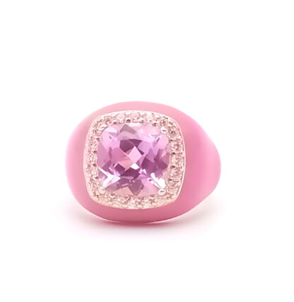 anello donna chevalier in argento dorato con smalto e pietre colorate rosa